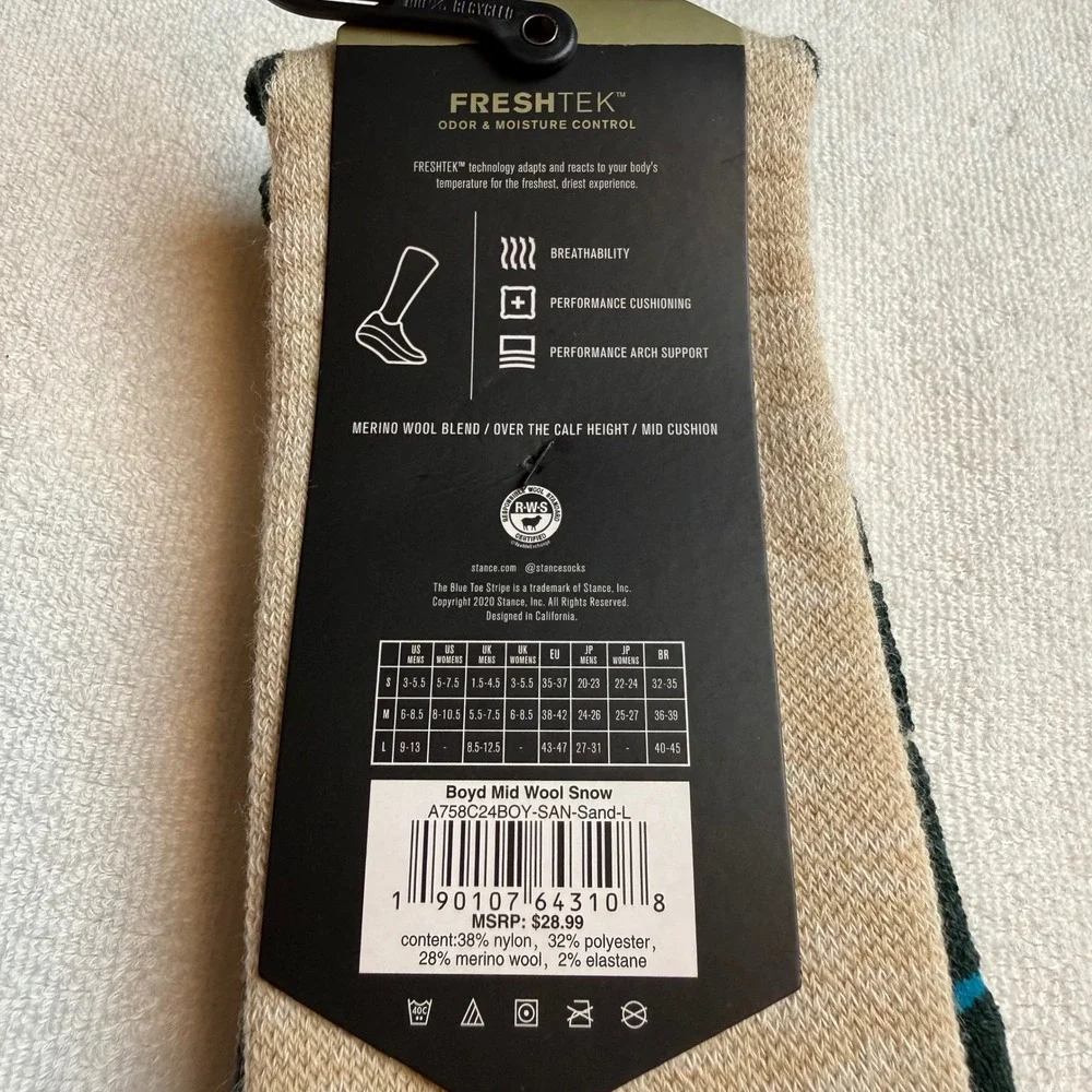 Stance Boyd Mid Merino Wool Blend Snow Mens OTC Socks Large 9-13 Beige Green New